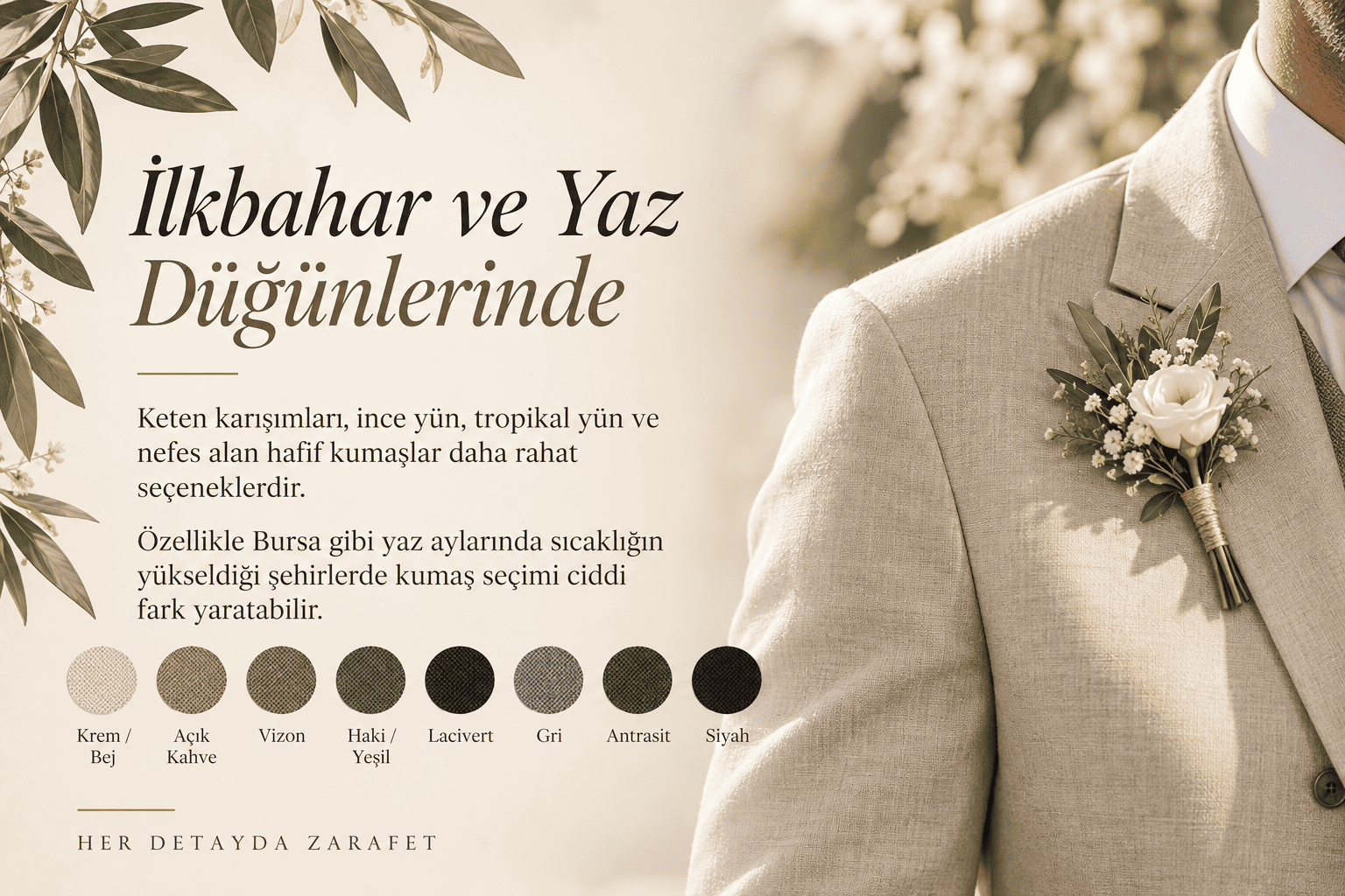 İlkbahar ve yaz düğünleri için açık renk keten damatlık ve hafif kumaş önerileri