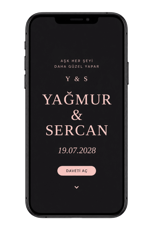 Koyu telefon ekranında pembe detaylı dijital düğün davetiyesi