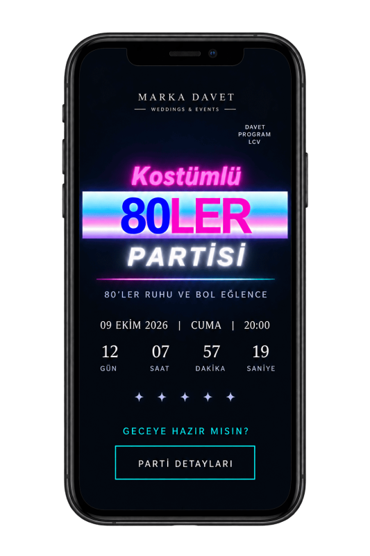 Pembe ve mavi neon tasarımlı 80'ler parti davetiyesi telefon ekranında