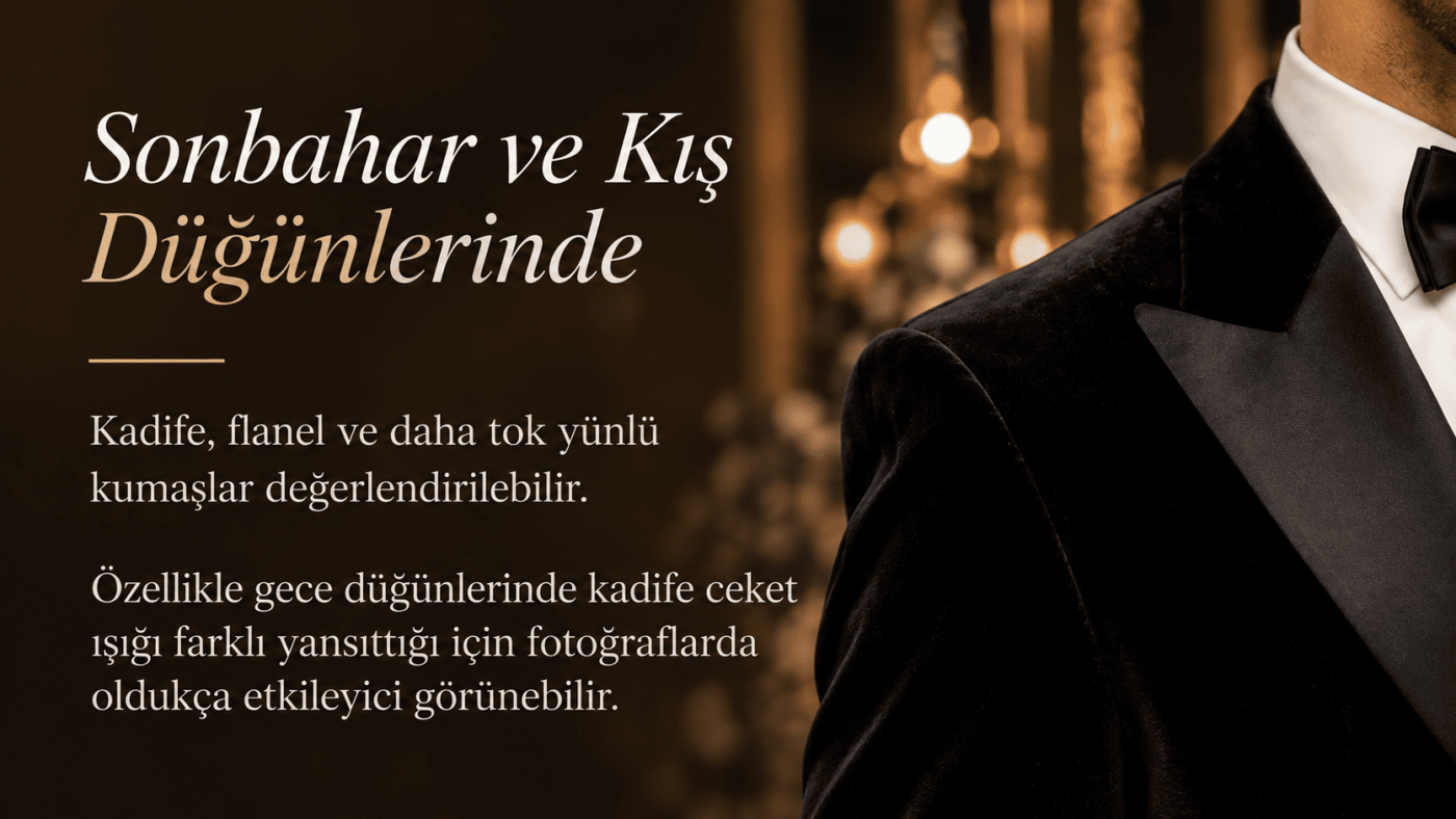 Sonbahar ve kış düğünleri için siyah kadife damatlık ceketi ve kışlık kumaş önerileri