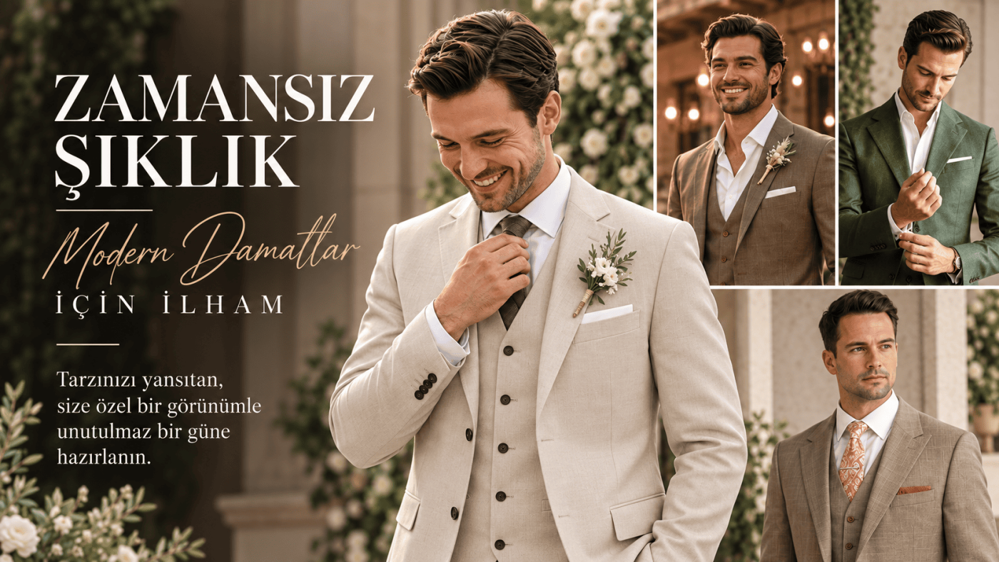 Modern damatlık modelleri; krem, kahve, haki ve vizon tonlarında erkek düğün modası