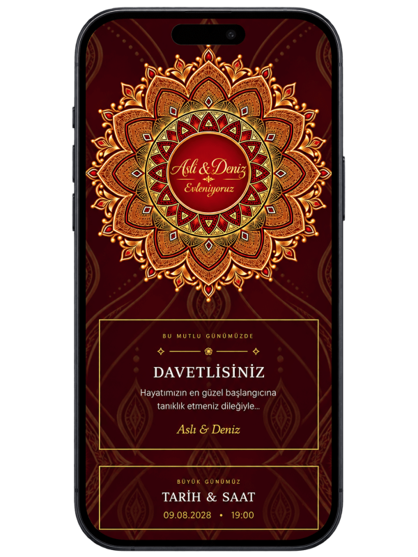 Bordo Altın Dijital Düğün Davetiyesi