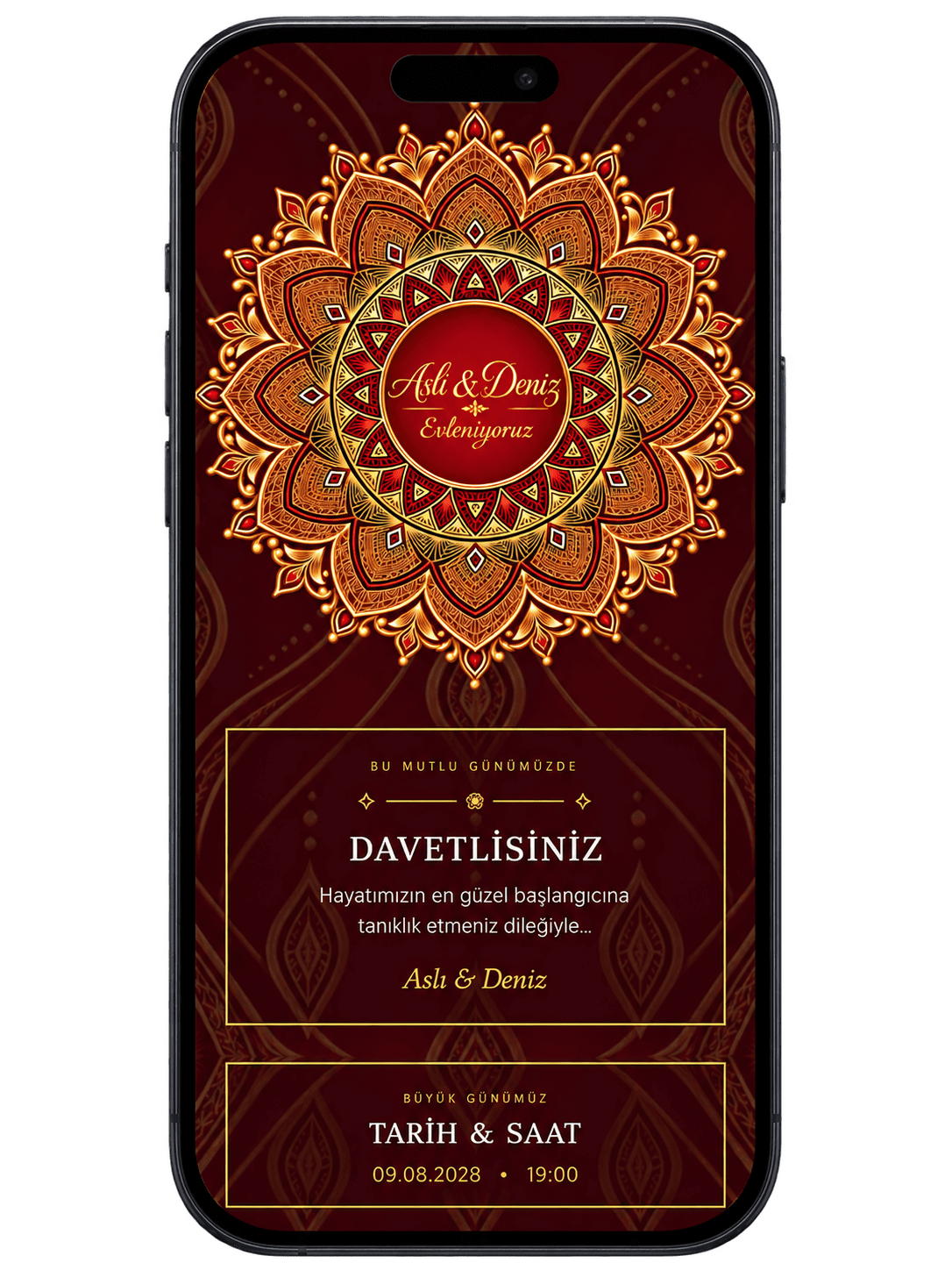 Bordo ve altın tonlarında Elegant Burgundy dijital davetiye örneği