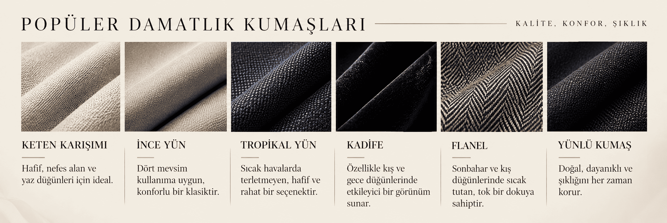 Popüler damatlık kumaşları; keten karışımı, ince yün, tropikal yün, kadife, flanel ve yünlü kumaş seçenekleri