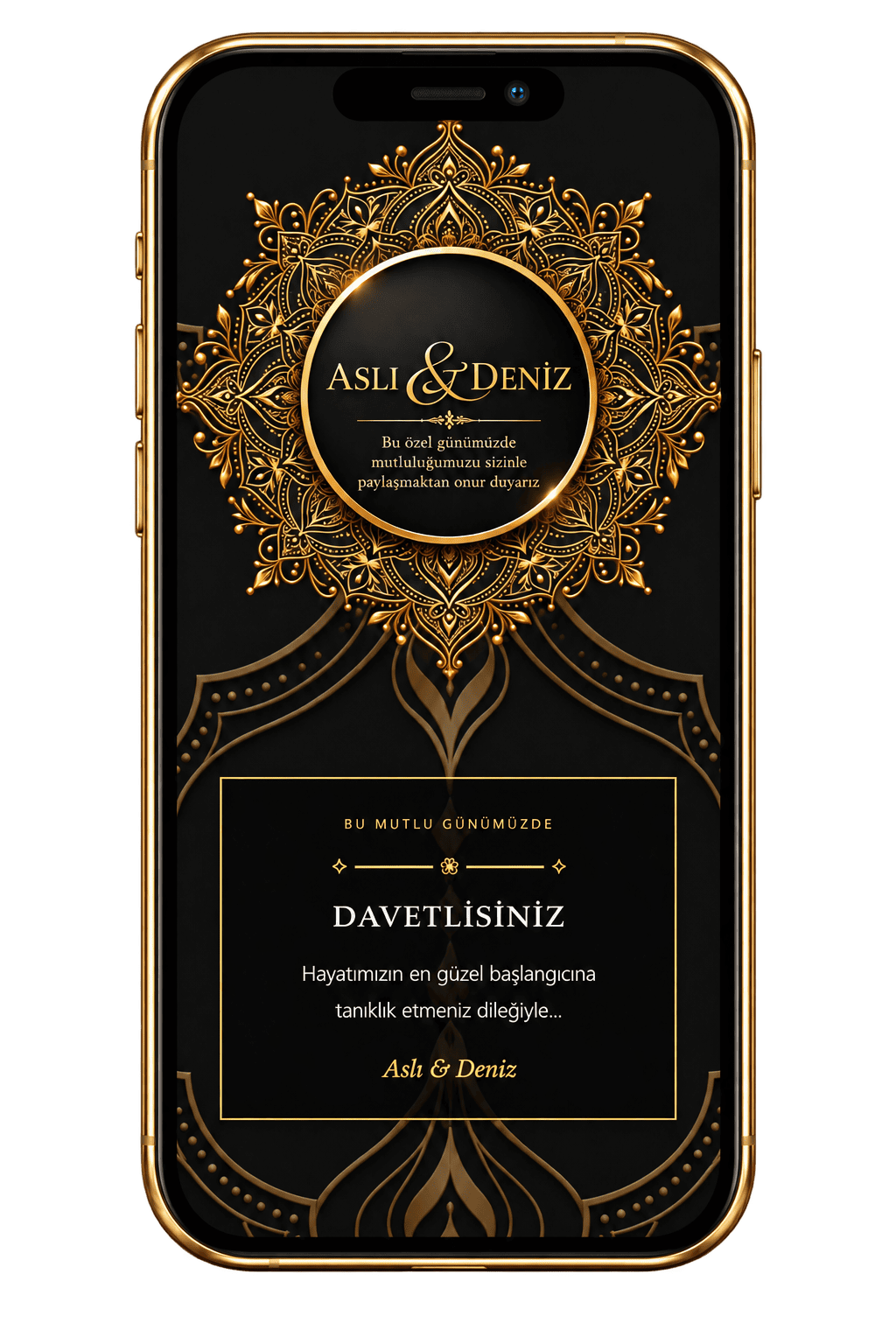 Altın monogramlı klasik dijital düğün davetiyesi örneği