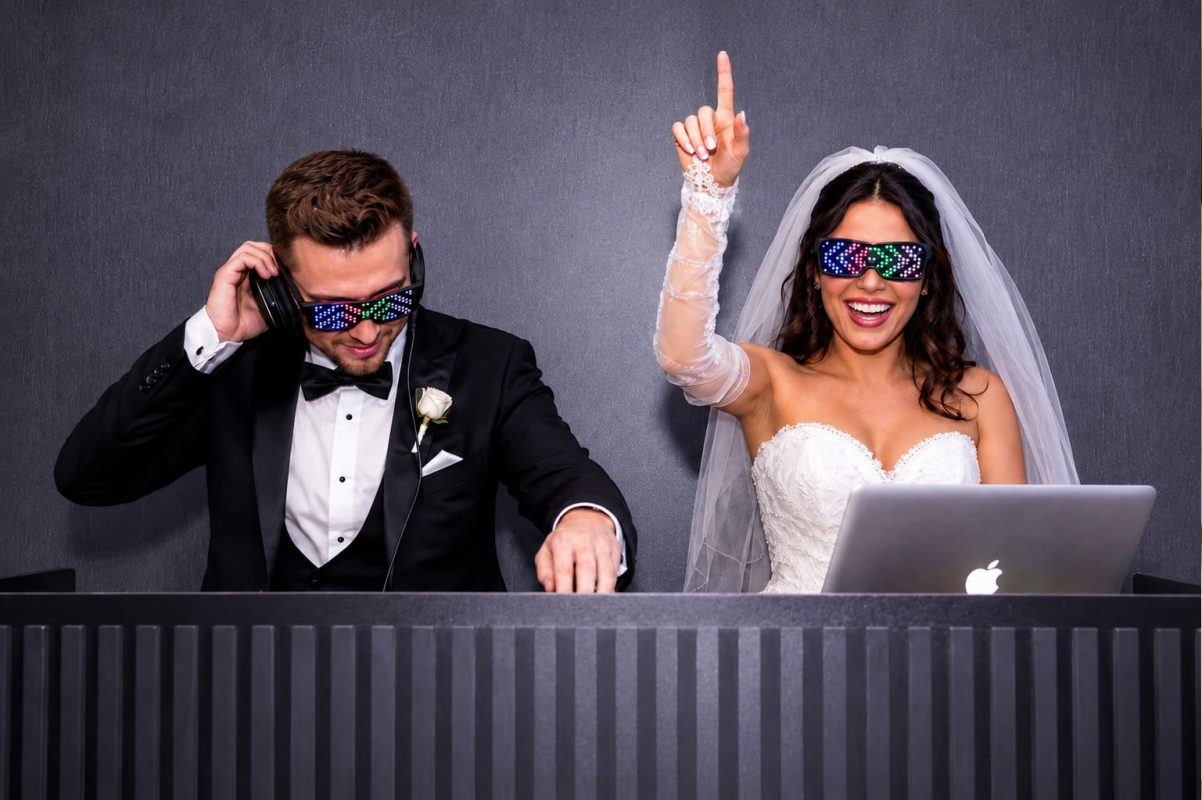 Marka Davet’te ışıklı gözlüklerle DJ performansına katılan gelin ve damat