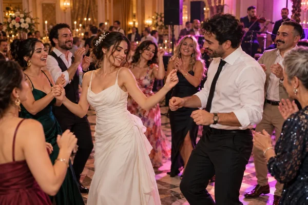 Düğün sonrası after party’de yakın arkadaşlarıyla dans eden gelin ve damat