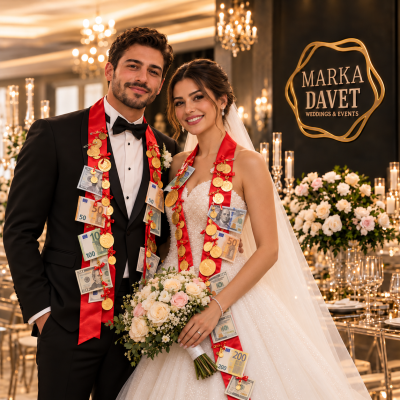 Düğünde takı merasiminde altın ve para takılan gelin ve damat